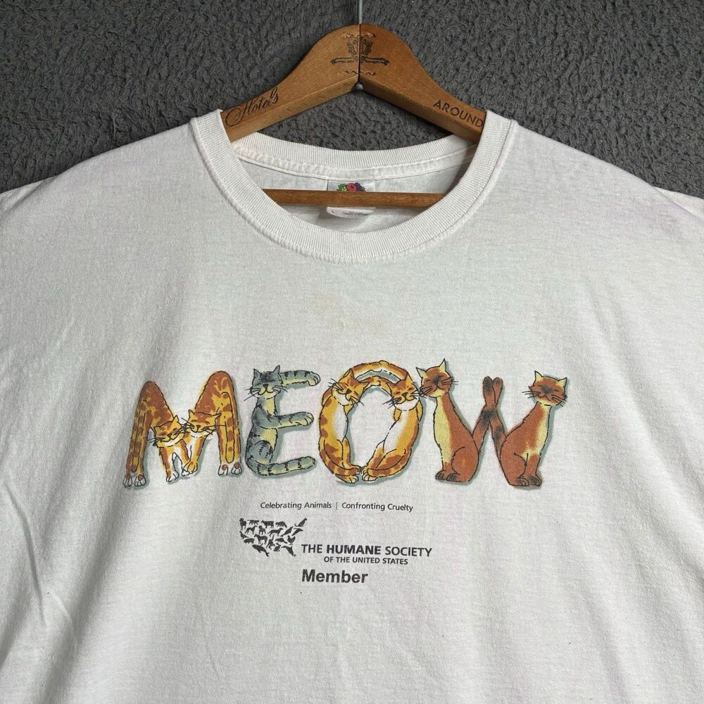 VTG Y2K Humane Society Cat Dog Art Graphic Kitten Shirt Mens Large White